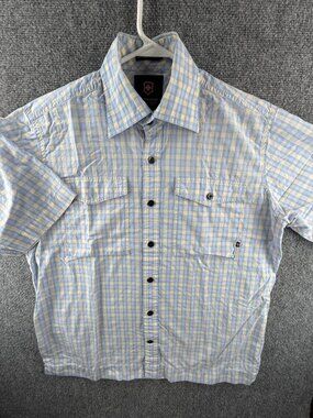 Victorinox Short Sleeve Plaid Blue Yellow Button Up Shirt Men Medium Cotton